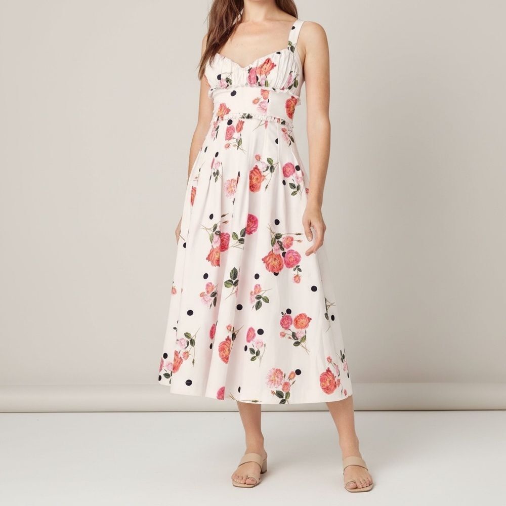 For Love & Lemons Floral Polka Dot Sweetheart Ruched Midi Dress Size M